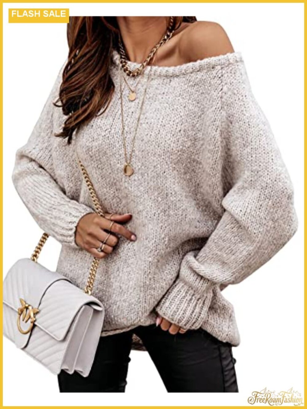 Oversized Ribbed Knit Sweater Off Shoulder Crew Neck Pullover